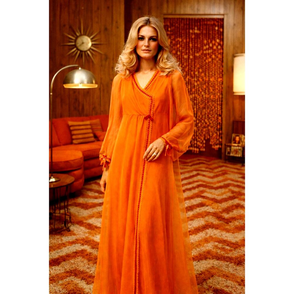 VTG 70s Hess's Orange Maxi Prairie Dress Sheer Boho Cottagecore Hostess Gown